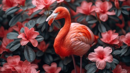 a pink flamingo standing in the middle of a field of red and pink flowers with leaves and flowers around it.