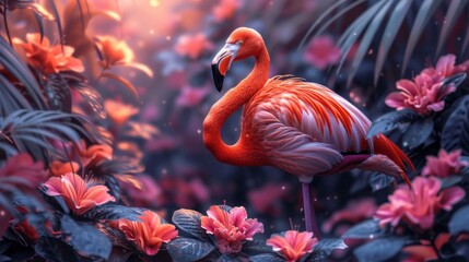 a pink flamingo standing in the middle of a lush green field with pink flowers and palm trees in the background.