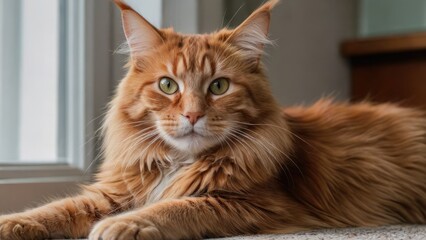 Red maine coon cat laying on the floor indoor
