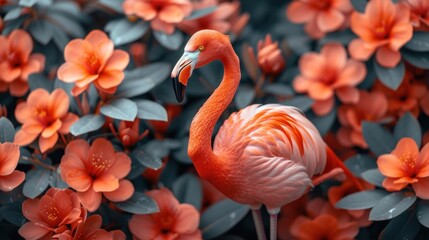 a pink flamingo standing in the middle of a field of orange and pink flowers with a blue sky in the background.