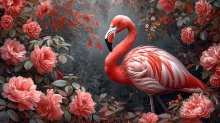 a painting of a pink flamingo standing in a garden of pink flowers with a dark background of pink peonies.