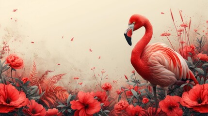 a painting of a pink flamingo in a field of red flowers with a butterfly in the sky in the background.