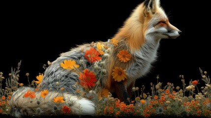 a close up of a fox in a field of flowers with orange and yellow flowers on it's back.