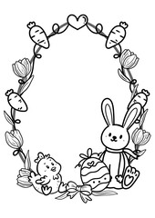 Cute Little Bunny With Easter Egg Fame, Easter Border for coloring, children's activities, Easter Egg Frame Outline, Egg Template Easter Coloring page,