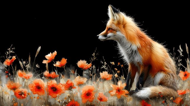 a painting of a red fox sitting in a field of flowers with a black back ground and a black background.