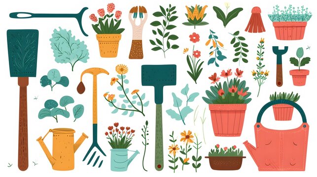 gardening clip art set, tools, plants, and outdoor elements