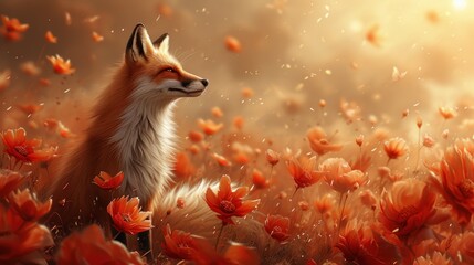 a painting of a fox sitting in a field of flowers with the sun shining through the clouds in the background.