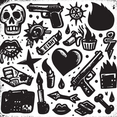 Doodle grunge rock set, hand drawn vector groovy punk graffiti print kit, emo gothic heart sign.