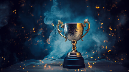 Golden trophy on a blue fabric background with ribbons, position at conner with copy space, blue smoke, dark tone