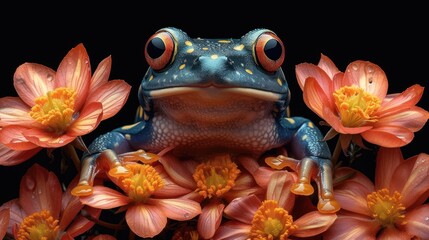 a close up of a frog sitting on top of a bunch of flowers with red and yellow flowers in front of it.