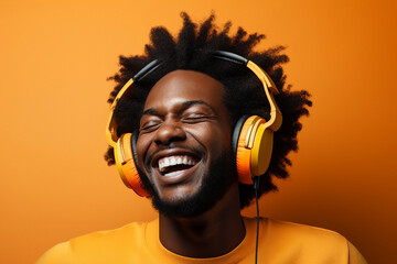 Photo picture of a carefree positive guy listening to upbeat music isolated on vivid yellow color...