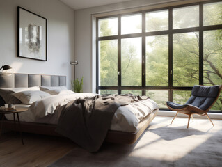 the design of a modern bedroom with a large window overlooking the garden and plants, in bright colors