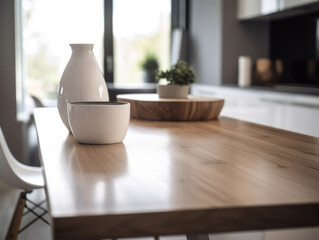 Fototapeta na wymiar modern wooden kitchen table close-up with white ceramic vases on a blurred kitchen background