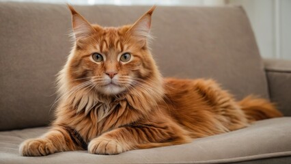 Red maine coon cat lying on sofa at home