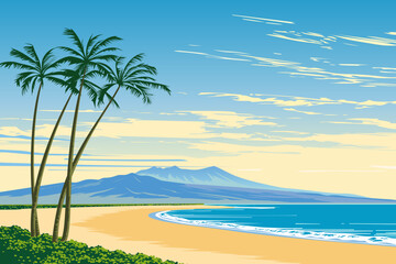 Fototapeta na wymiar Summer day on a paradise beach with a beautiful landscape of palm trees. Landscape of a sandy beach with palm trees against the backdrop of mountains and blue ocean waves. Vector illustration.