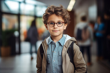 Designed with generative ai photo portrait of an intelligent adorable school student in the hallway - obrazy, fototapety, plakaty