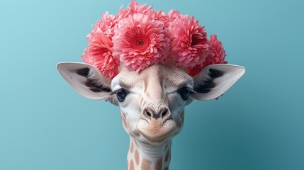 a close up of a giraffe with a bunch of flowers on it's head with a blue background.