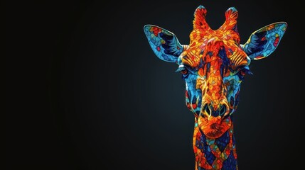 a close up of a giraffe's face on a black background with a colorful pattern on it.