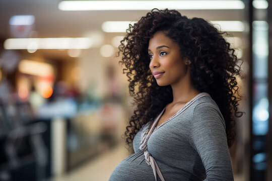 Portrait made with generative ai of a beautiful pregnant woman on shopping in store mall center