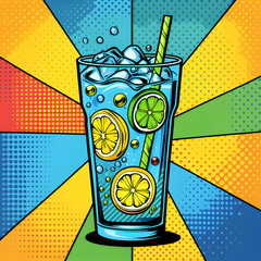 Pop art style of an icy lemonade with ice cubes