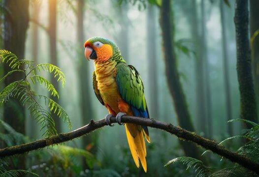 Parrots bird perched on a branch in forest. Generative AI