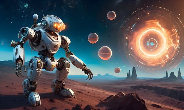 Robotic Overlord Governing the Universe portrays a robot manipulating planets, symbolizing the concept of robots ruling the world. AI Generated