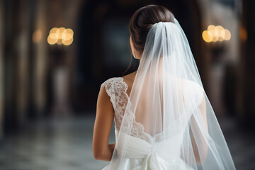 Fototapeta na wymiar Generative ai collage photo of stunning gorgeous bride in white dress stand back rear on wedding