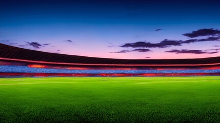 sunset over an American stadium, green grass in staduim