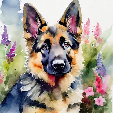 Watercolor illustration of pure breed German Shepherd dog. Cute puppy. Painting of domestic animal