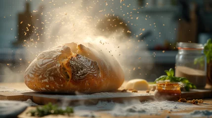 Gordijnen Delicious fresh baked bread on display in the kitchen. © Inspired