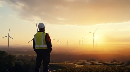 an engineer stands on top of a windmill and looks at a beautiful sunset landscape. 