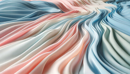 A digital art piece featuring a fluid array of satin-like fabric folds in a gradient of pastel colors, from cream to soft pinks and various shades of blue, creating a serene wave pattern.