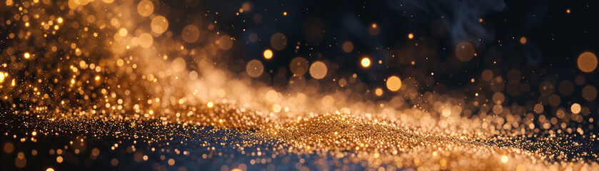 wide panoramic view of sparkling golden bokeh lights creating a festive and luxurious...