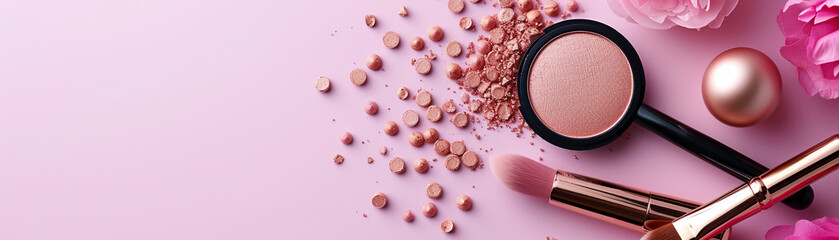 makeup brushes and cosmetic powders arranged neatly on a clean pink background. copy space banner. - obrazy, fototapety, plakaty