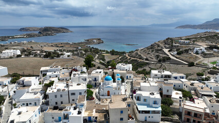 Fototapeta na wymiar Aerial drone photo of small picturesque main town in island of Schoinousa, small Cyclades, Greece