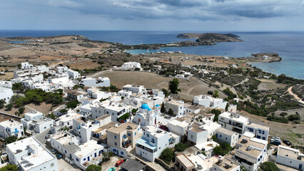 Fototapeta na wymiar Aerial drone photo of small picturesque main town in island of Schoinousa, small Cyclades, Greece
