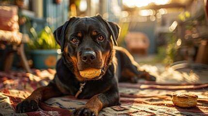Rottweiler delightfully munching on a biscuit, emphasizing the strength and loyalty, arranged on a whimsical backyard setting