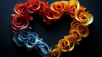 a heart - shaped arrangement of multicolored roses arranged in the shape of a heart on a black background.