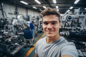 Fototapeta na wymiar Ai generated image of smiling male factory engineer professional mechanic repairing machines