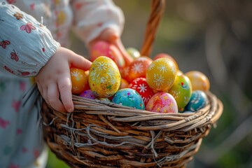 Fototapeta na wymiar Child's Hand Holding a Basket Full of Easter Eggs, A close view of a child's hand holding a rustic basket brimming with brightly colored Easter eggs.