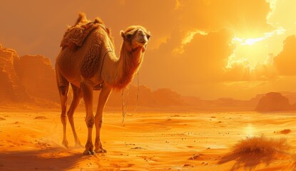 As the fiery sun sets over the vast desert sky, an elegant arabian camel traverses the sandy terrain, embodying the resilience and grace of this majestic terrestrial mammal - obrazy, fototapety, plakaty