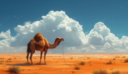 A majestic arabian camel stands tall in the vast desert, against a stunning sky filled with wispy clouds, blending seamlessly into its aeolian surroundings - obrazy, fototapety, plakaty