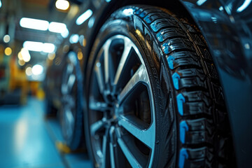 Close-up of Car Tire on Assembly Line in Factory, Close-up view of a high-performance car tire attached to a shiny alloy rim, set against the blurred backdrop of an automotive assembly line.