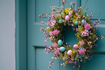 Easter Wreath Adorning a Blue Door, An intricate Easter wreath with colorful eggs and spring flowers decorating a teal blue door.