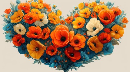 a heart - shaped arrangement of flowers painted in orange, yellow, and blue on a white background for a valentine's day card.