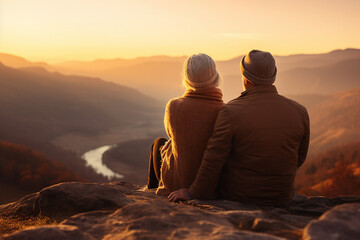 Elderly happy couple enjoying life together admiting sunset in mountains Generative AI technology picture image