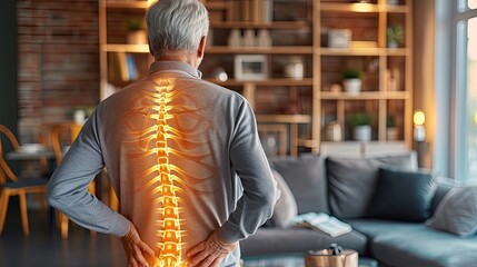 Digital composite of highlighted spine of senior man with back pain at home. Unveiling the hidden pain within: senior's backache. - Powered by Adobe