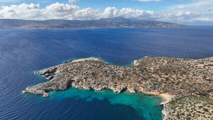 Aerial drone video of paradise beach and caves of Gerolimnionas in North part of small island of...