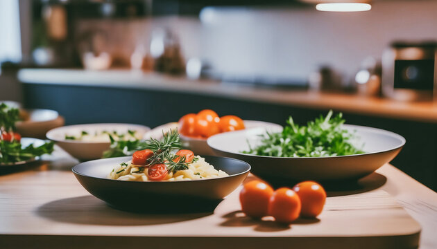 Table with appetizing dishes of Italian cuisine. Mediterranean diet. Healthy food, delicious meal