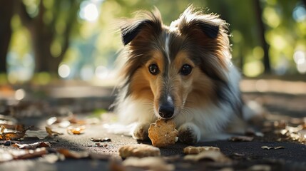 Shetland Sheepdog munching on a biscuit, showcasing the fluffy coat and sweet nature, arranged on a park-inspired scene